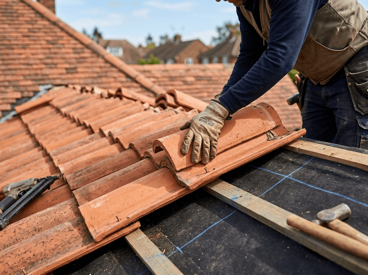 Close-up of a roofer replacing a cracked roof tile