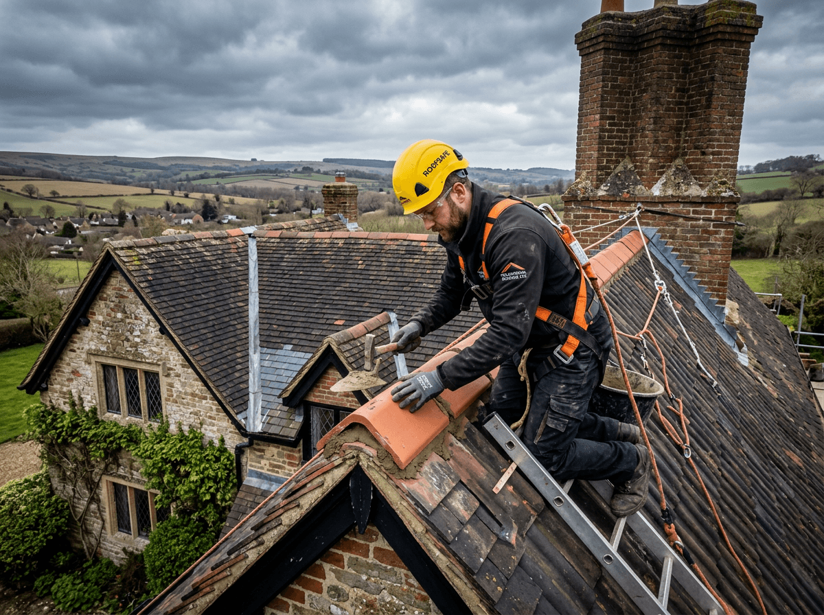Roofer securing tiles during high winds on an exposed coastal roof