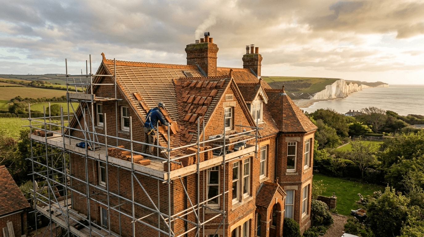 Roofer working on a pitched tile roof against a coastal Kent sky